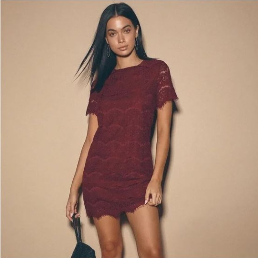 ** Lulus Take Me to Brunch Burgundy Lace Shift Dress SZ XL